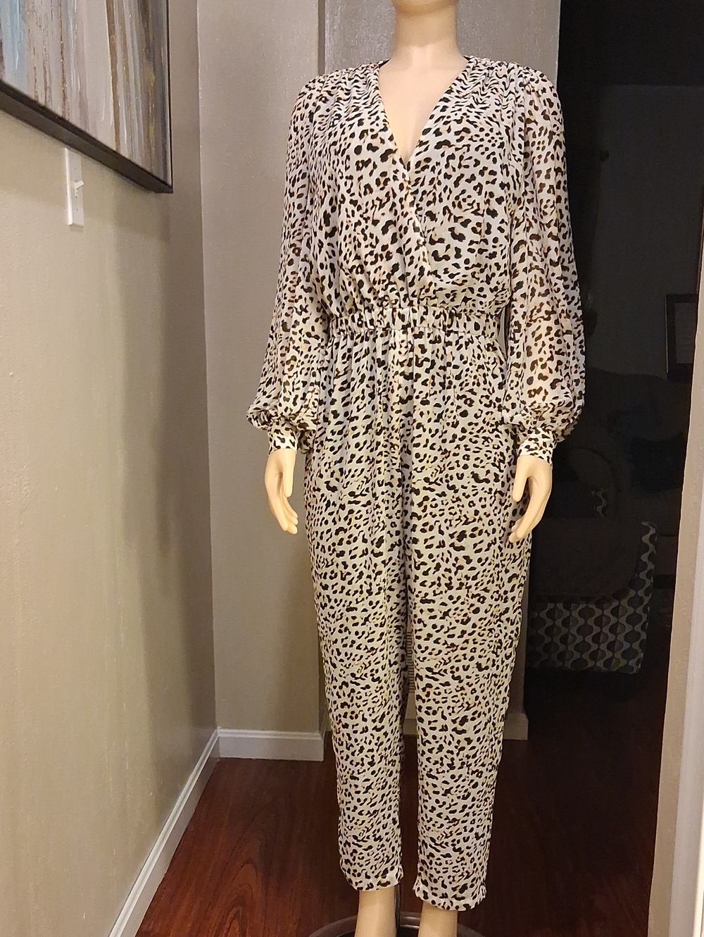 Banana Republic Cream and Black Leopard Print Long Sleeve Jumpsuit